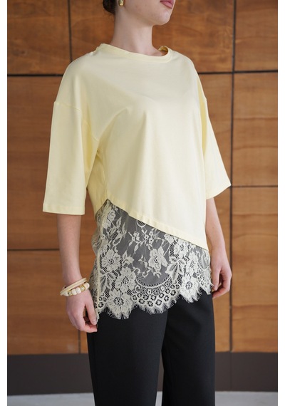 Verymoda Dantel Detaylı Asimetrik Tişört D2953 Sari