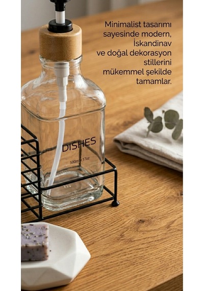 Makri Home Metal Stantlı Bambu Kapaklı Cam Sıvı Sabunluk/deterjanlık, 500 Ml, 15 8,5 23 Cm Şeffaf