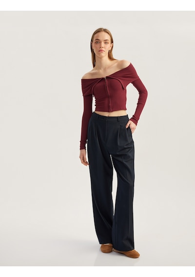 Koton Fermuarlı Omzu Açık Uzun Kollu Slim Fit Tişört Bordo 5sal10353ık Bordo