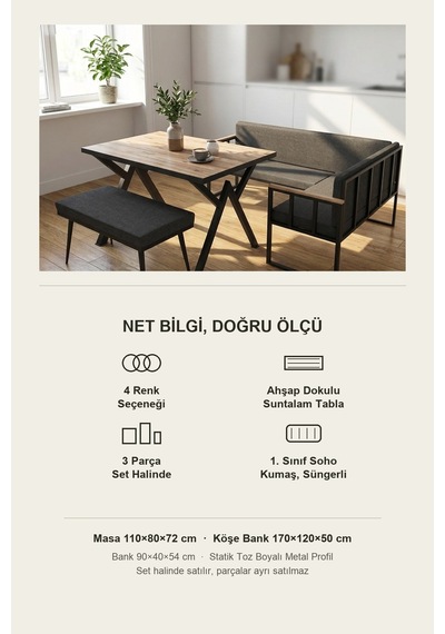Koza Mutfak Köşesi Takımı Masa + L Bank + Bank, Minderli, Modern Siyah