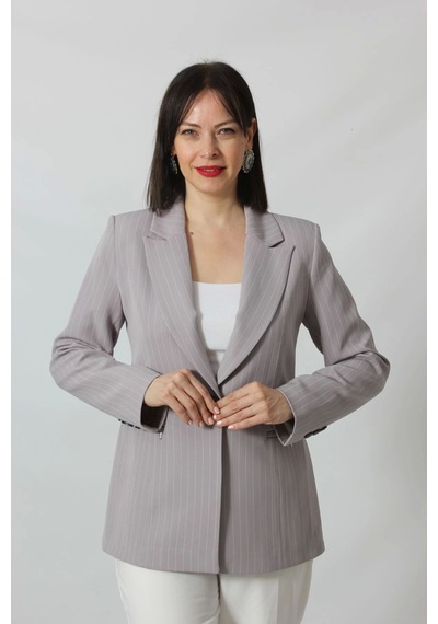 Moda Berray 1906 Gri Çizgili Fermuarlı Cep Aksesuarlı Kadın Büyük Beden Blazer Ceket Gri