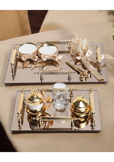 Reverence Gold 4 Kulplu Söz Tepsisi Ve Damat Kahve Fincanı Bronz Bronz