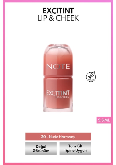 Excitint Lip & Cheek Dudak ve Yanak Renklendirici Tint Likit Allık - 20 Nude Harmony