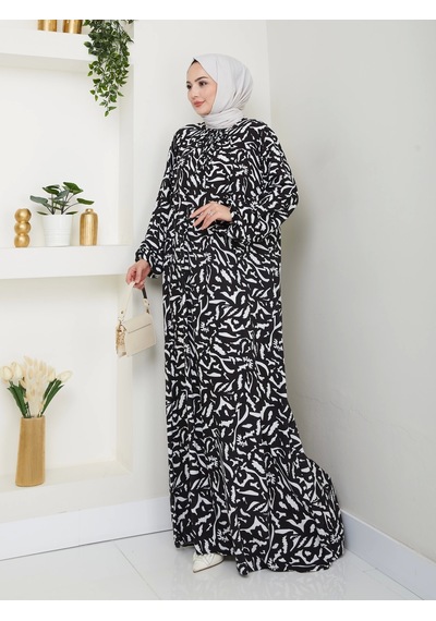 Nevayla Moda Desenli Önü Büzgülü Viskon Elbise - Siyah / E0131 Siyah