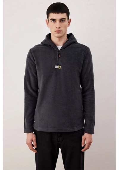 Benerly Erkek Kapüşonlu Standart Kol Polar Fermuarlı Sweatshirt Fonksiyon Antrasit