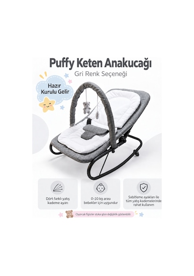 Puffy Keten Anakucağı - Hazır Kurulu Gelir- Sallanır - 4 Kademe - Anadizi Sabitlenebilir-gri