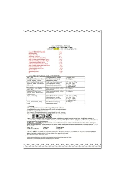 Agrosin Polaris 8.21.0+(2MgO)+(10SO3)+ME Organomineral Granül Gübre 25 kg