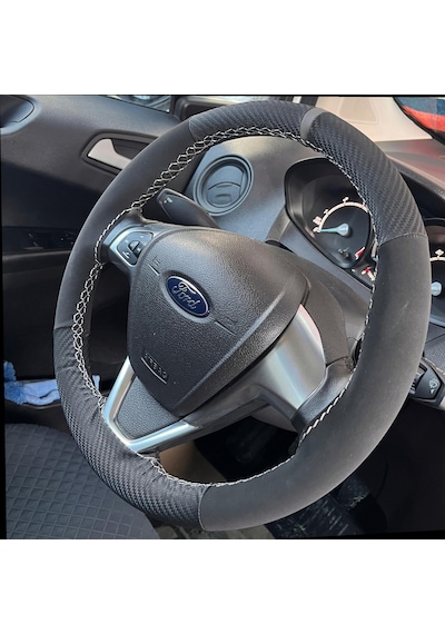 Dikişli Direksiyon Kılıfı Karbon Nubuk Deri Gri Yüzük Gri Dikiş Ford Currier İçin Gri