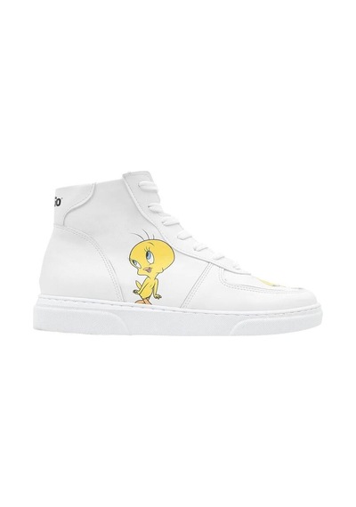 Kadın Vegan Deri Beyaz High Sneakers - Warner Bros Tweety Classic Tasarım Çok Renkli