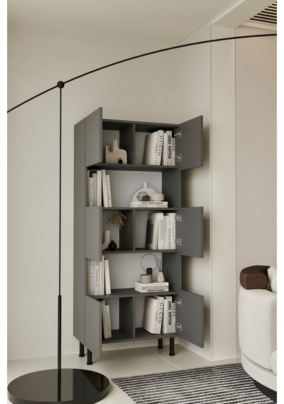Hitit Kitaplık 175 Cm - Vitrin - Gümüşlük 100% Mdf Metal Ayak Gri