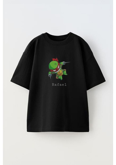 Thewert Unisex Rafael Ninja Kaplumba Tasarım Baskılı Pamuk Sıyah Oversize T-shirt Siyah