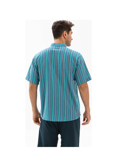 Kısa Kol Şile Bezi Hakim Yaka Erkek Tshirt Turkuaz Çizgili 3071