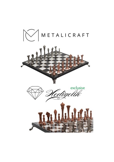 Mc74 Metal Satranç Takımı - Mermer Desenli 30x30cm Ahşap Tahta - Büyük Boy Taş - Lüks Hediyelik