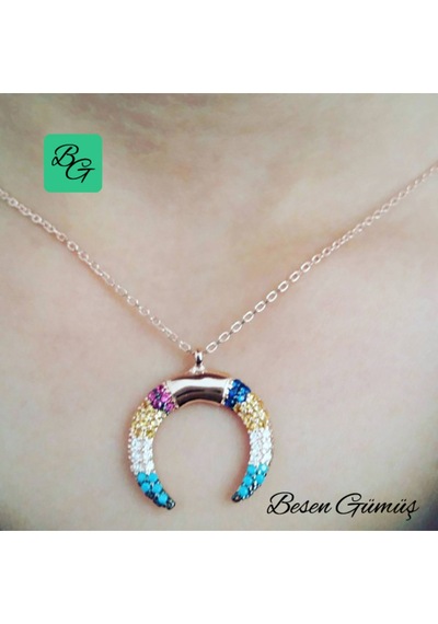 Renkli Zirkon Firuze Taşlı Hilal Kolye Rose - Gold -  Gümüş