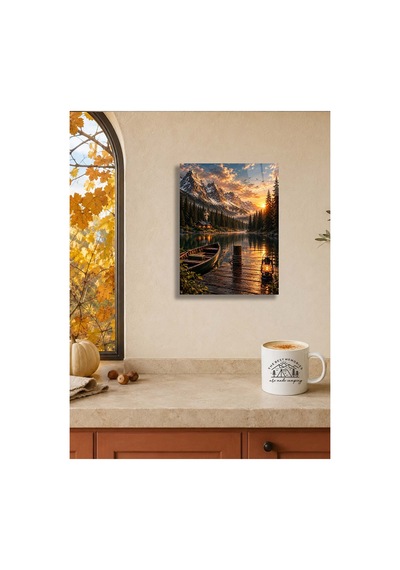 Gün Batımı Dağ Ve Göl Manzaralı Metal Tablo - Doğa Ve Kamp Temalı Duvar Dekoru, Metal Poster Wall Art Turuncu - 929073368 Turuncu - 929073368 Turuncu