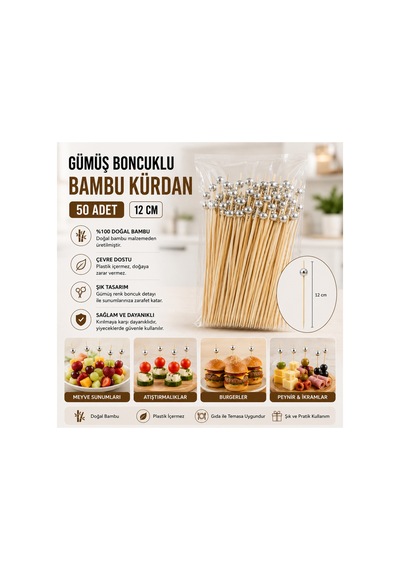 Silver Boncuklu Bambu Kürdan 12 Cm 50 Adet - 913892984