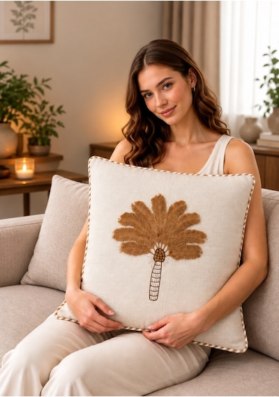 Goldroom Home Özel Tasarım 2 Li 5d Nakışlı Dekoratif Kırlent Kılıfı Krem Vizon