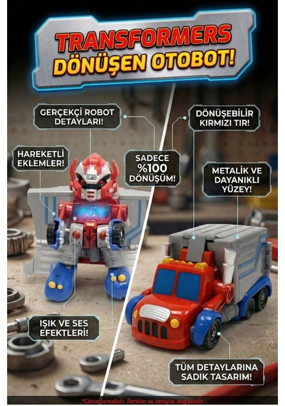 Kırmızı Otobot Transformers Robot Kamyon - Dönüşebilen Işıklı Sesli Oyuncak Modeli Çok Renkli