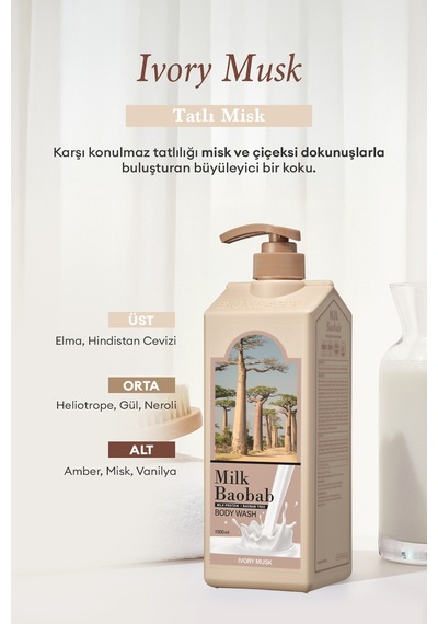 Pantenol İçeren Nemlendirici Duş Jeli Mılk Baobab Original Body Wash Ivory Musk Hindistan Cevizi