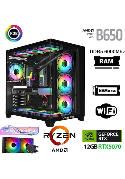 Xaser Velox-X480 R7-9700X 32 GB 2 TB M.2 NVMe SSD 12 GB RTX5070 Free Dos Masaüstü Oyuncu Bilgisayarı