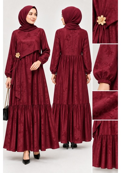 Miss Meliss Sandy Jakar Tokalı Boydan Elbise Bordo Bordo