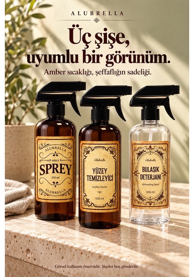 Alubrella 500 Ml 2 Amber Ve 1 Şeffaf Boş Sprey Şişe 3 Lü Set Ve 6 Lı Etiket