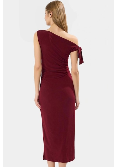 Ersefa Vücuda Oturan Maxi Elbise Tek Omuz Asimetrik Yaka Polyester Kumaş Bordo