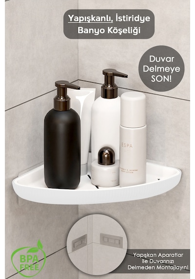 Yapışkanlı Banyo Düzenleyici Duş Rafı - Şampuanlık Sabunluk Banyo Köşeliği Köşe Rafı Beyaz Beyaz
