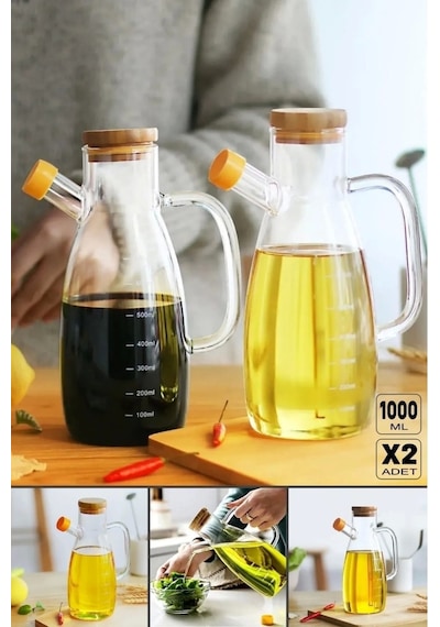 Thn 2 Li Bambu Kapaklı Cam Yağlık Sirkelik 1000 Ml. Cam Sürahi Şeffaf