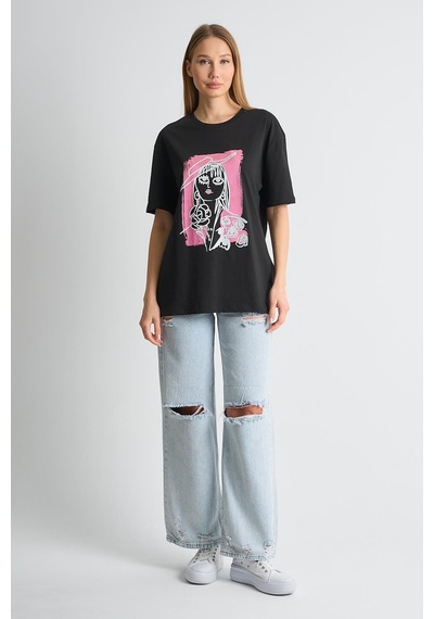 Alexandergardı Baskılı Bisiklet Yaka Kadın T-shirt Siyah