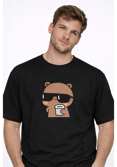 Sevgili Kombini Panda Bardak Baskılı Çift Tişört Oversize Unisex Siyah