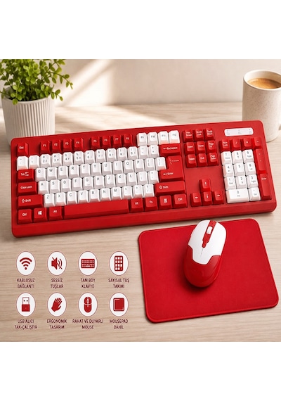 Kablosuz Klavye Mouse Seti 2.4ghz Usb Nano Alıcılı Q Klavye Sessiz Tuşlu Ergonomik + Mouse Pad li Kırmızı Beyaz Diğer
