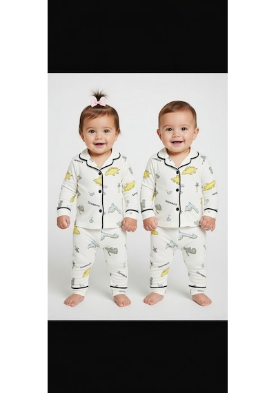 Eray Bebe Dinazor Desenli Unısex Pijama Takımı Beyaz - Sarı