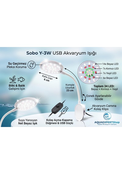 Sobo Usb Akvaryum Işığı - Balık Işığı - Bitki Işığı - 34 Led - Y-3w - Güçlü Aydınlatma - Üstün Performans - 23 Cm - Beyaz
