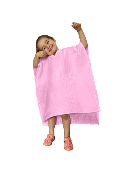Organik Muslin Bebek Çocuk Kapüşon Plaj Panço Banyo Havlu Pembe
