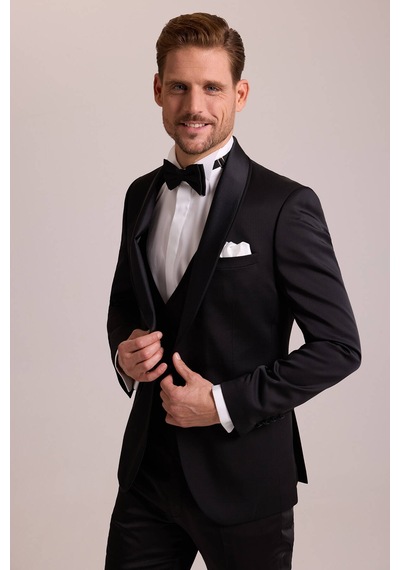 Ysf Erkek Siyah Şal Yaka Yelekli Slim Fit Damatlık