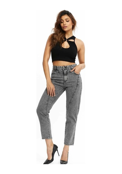 Kene Jeans Yüksek Bel Ön Conta Çımalı Mom Kot Jeans Kar Siyah