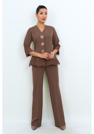 Dorne Moda Dantel Detaylı Düğmeli Pantolon Takım - Düğün - Mezuniyet - Ofis Şıklığı beyaz