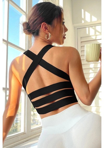 Veraura Lifestyle Kadın Siyah Sırtı Çapraz Lastik Detaylı Crop Top Bluz