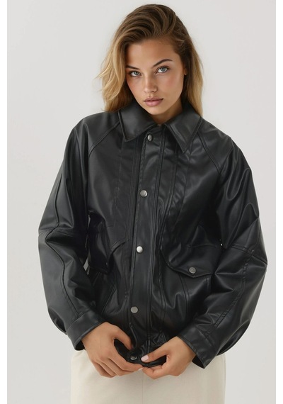 Hiccup Cep Detaylı Oversized Suni Deri Ceket Siyah