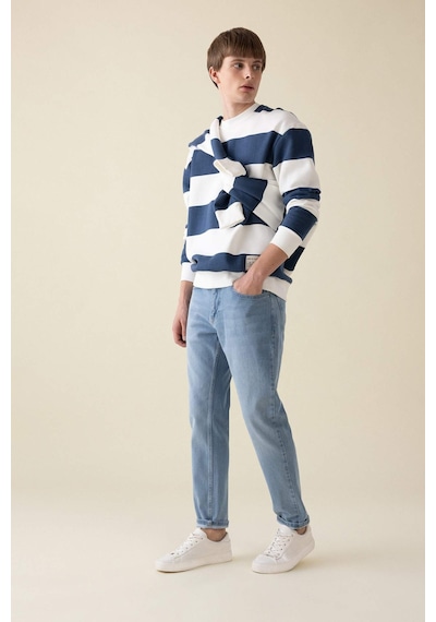 Defacto Boxy Fit Bisiklet Yaka Çizgili Sweatshirt A9066AX24AUBE88 Mavi