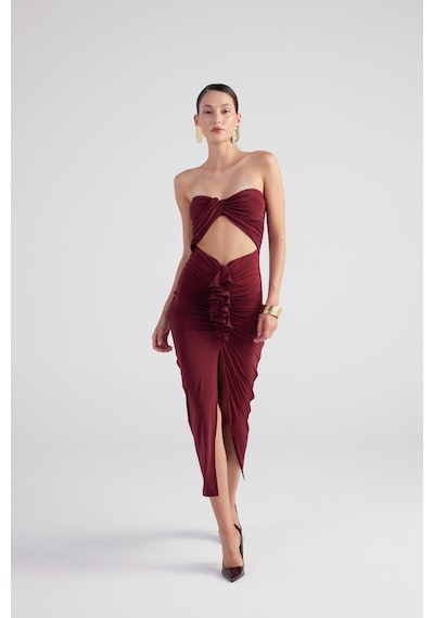 Holly Lolly Büzgü Detaylı Straplez Yırtmaçlı Hailey Elbise Bordo