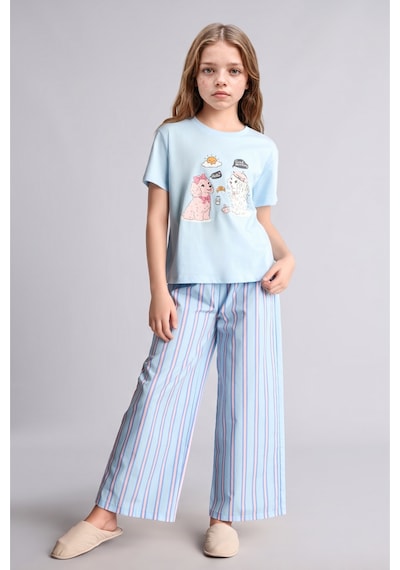 Defacto Baskılı Kısa Kollu Üst Çizgili Geniş Paça Alt Regular Fit 2li Pijama Takımı Kız Çocuk H5511a826wnbe415 Mavi-be415