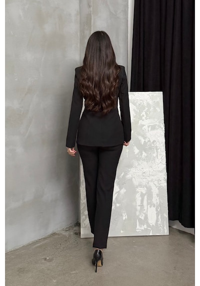 Msm Fashion Kadın İkili Blazer Ceket Pantolon Takım Pile Ve Düğme Detaylı Boru Paça Siyah