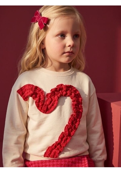 Zekids Kız Çocuk Ekru Kırmızı Kalp Aplikeli Sweatshirt-17450 KREM