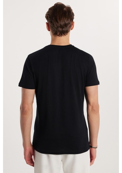 Tudors Erkek Slim Fit Dar Kesim %100 Pamuk Yumuşak Dokulu Baskılı Siyah Bisiklet Yaka Tişört-33131 Siyah