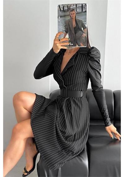 Dip Moda Kadın Deri Ve Omuz Detaylı Çizgili Elbise Kklf64 Siyah