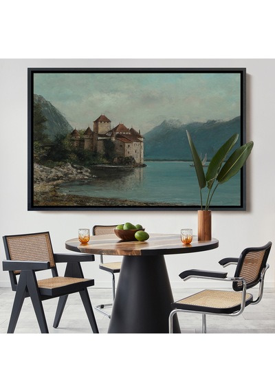 Ahşap Çerçeveli Gustave Courbet - Cenevre Gölü'ndeki Chillon Kalesi Tablo-7094