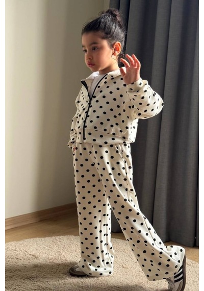 Boyboy Kidswear Kız Çocuk Puantiyeli Kapüşonlu Eşofman Takımı Ekru