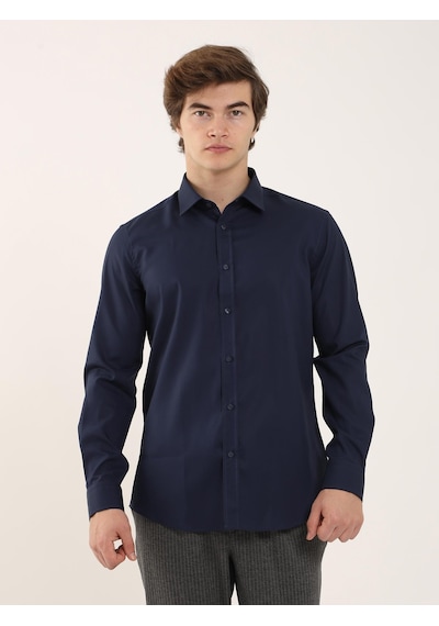 Dufy Lacivert Erkek Slim Fit Klasik Yaka Uzun Kol Gömlek - 92858 Lacivert